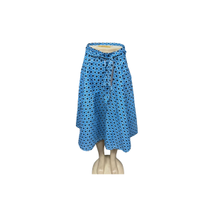 Shweshwe skirt featuring traditional blue geometric patterns, showcasing authentic South African heritage and style.
